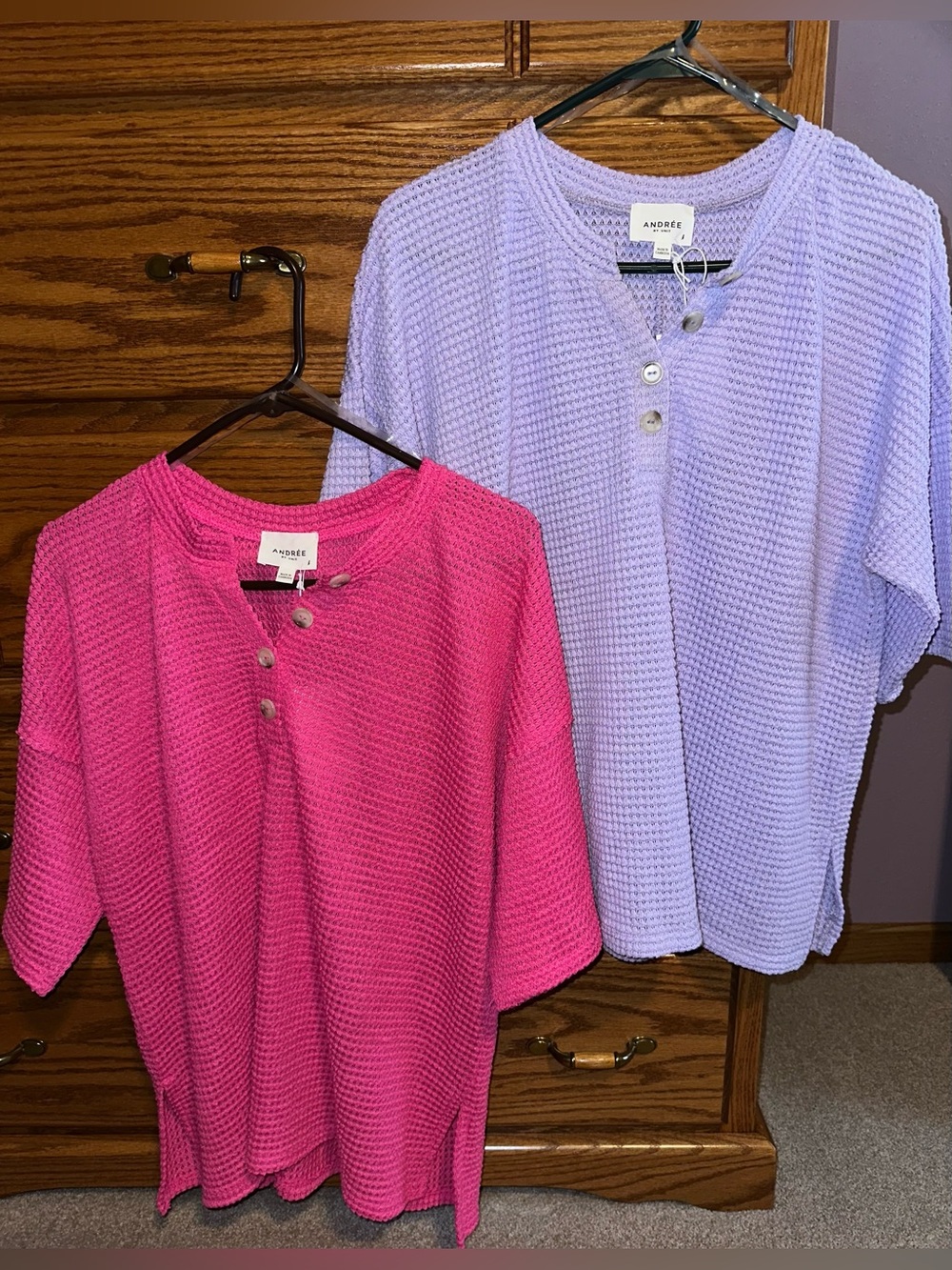 NWT Andree By Unit Ladies Pink & Lavender Waffle-Knit Henley Tops Sz L